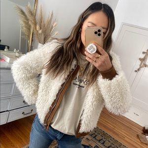 Mango White and Brown Fuzzy Jacket